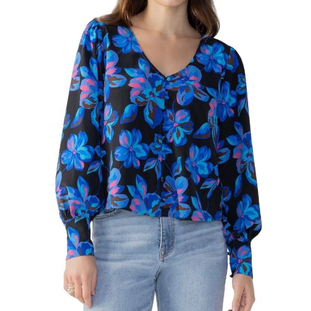 Sanctuary Medium Blouse Blue Floral Button Up V-Neck Long Sleeve Top